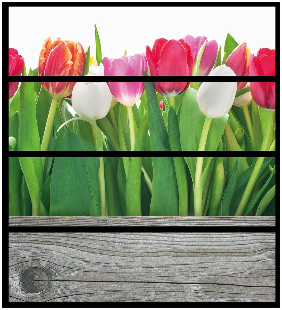 Wallario Möbelfolie / Aufkleber, geeignet für Ikea Malm Kommode mit 4 Schubfächern - Rote weiße und pinke Tulpen im Frühling