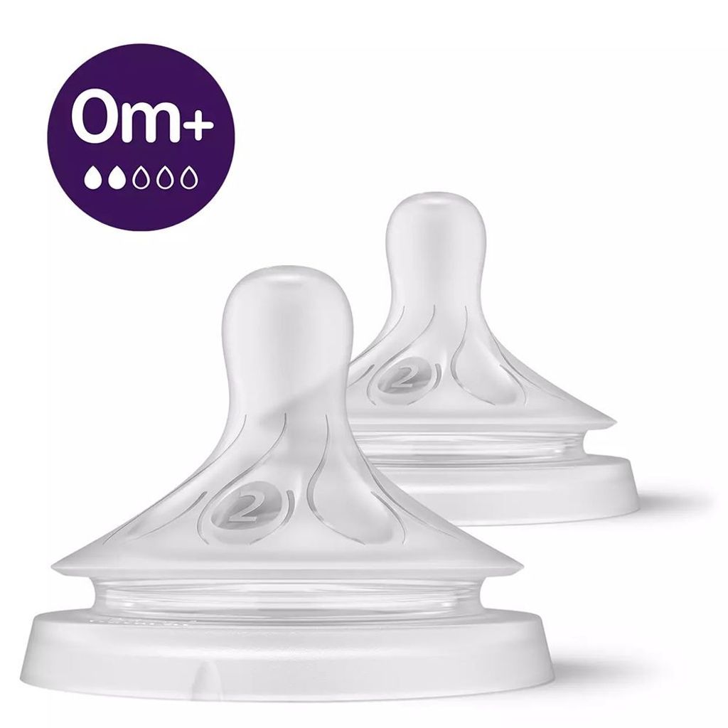 Two clear silicone baby bottle nipples are shown on a white background.