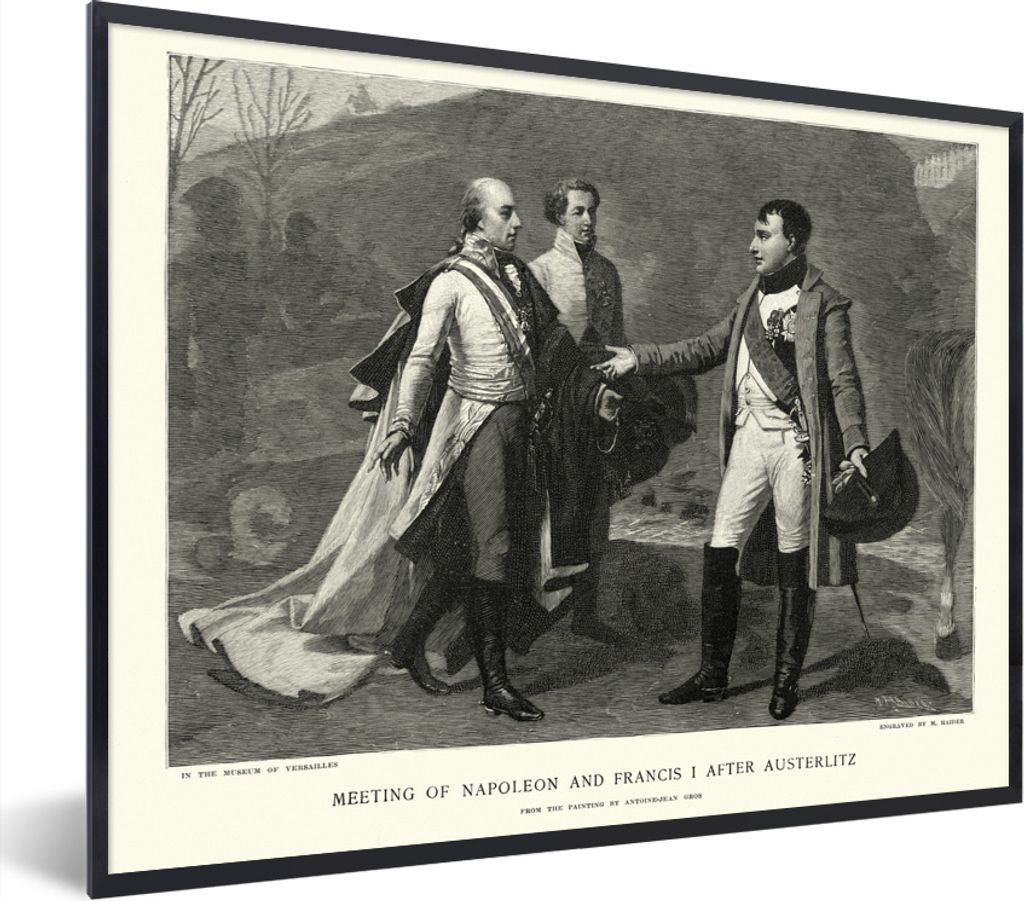 MuchoWow Gerahmtes Poster Illustration von Napoleon Bonaparte mit zwei Männern in Schwarz und Weiß 40x30 cm - Poster mit Schwarzem Bilderrahmen...