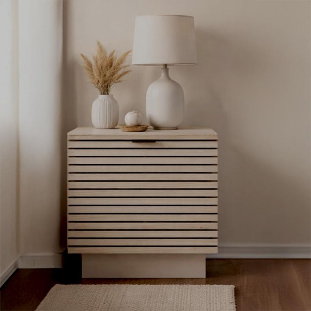 Wohnzimmer Lowboard, 60 cm breit, in Eiche mit Kaschmir Beige, Lamellenoptik, stehend und hängend verwendbar, 1 Tür, Softclose - ISCHIA-36