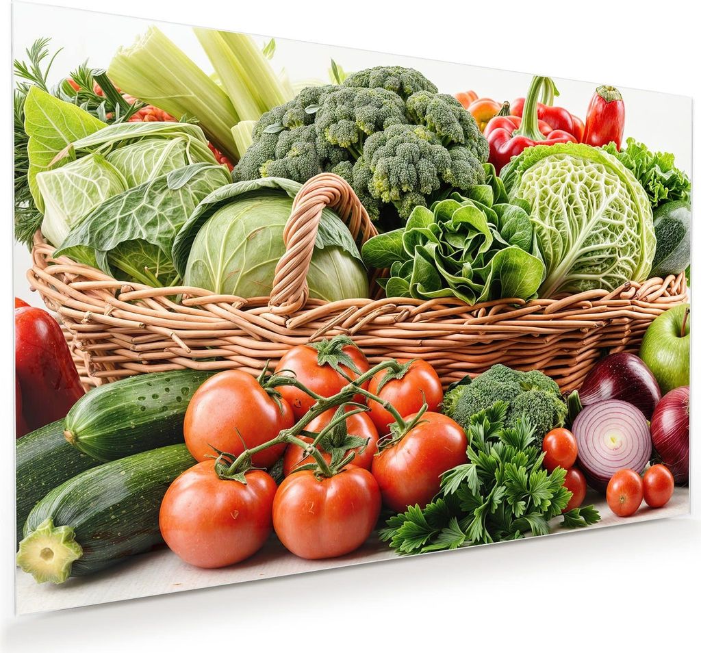 Glasbild 90x60cm in XXL für Wohnzimmer, Schlafzimmer Motiv Frisches Gemüse Korb