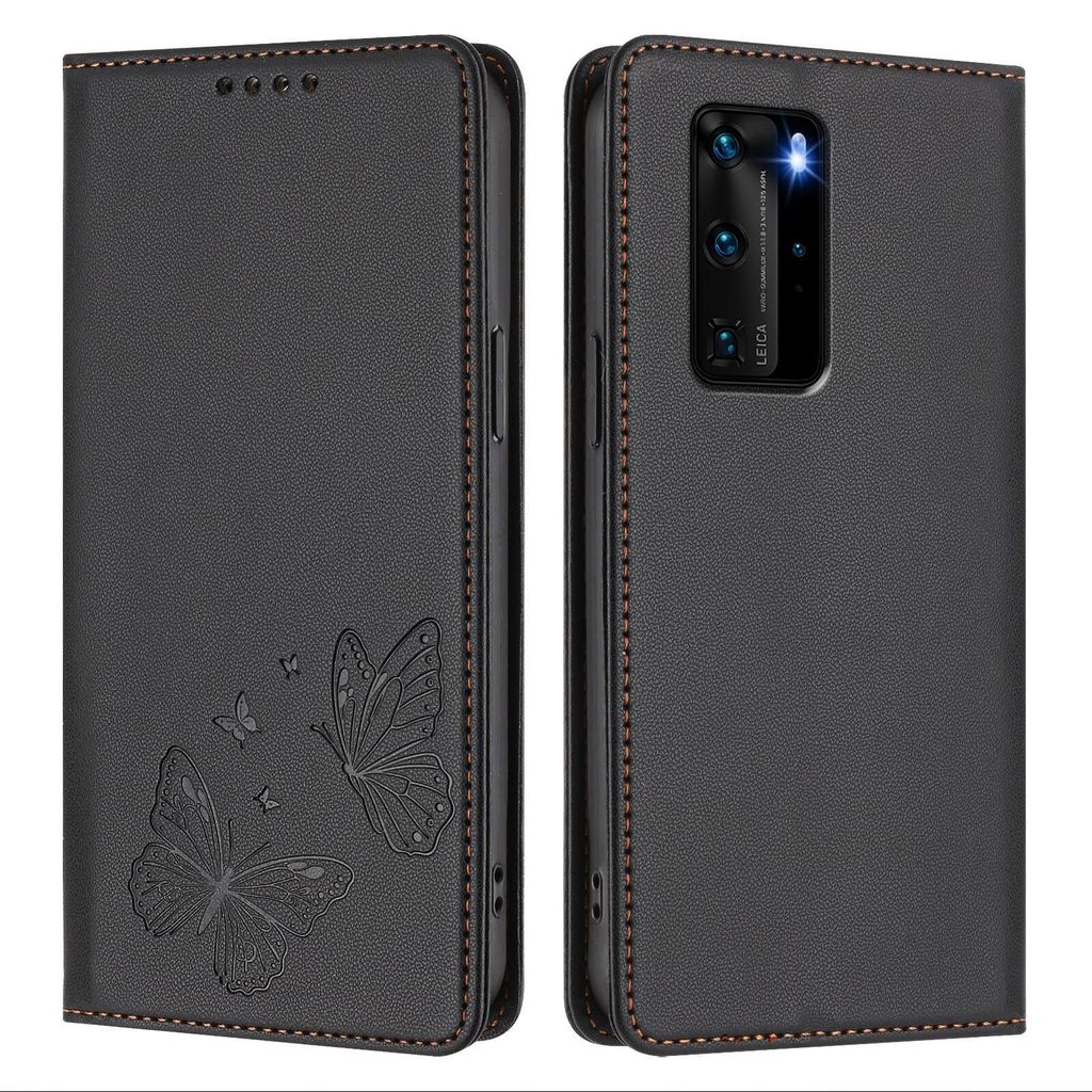 Lederhülle für Huawei P40 Pro, Schmetterling Prägung Leder Brieftasche Schutzhülle mit Ständer Schwarz