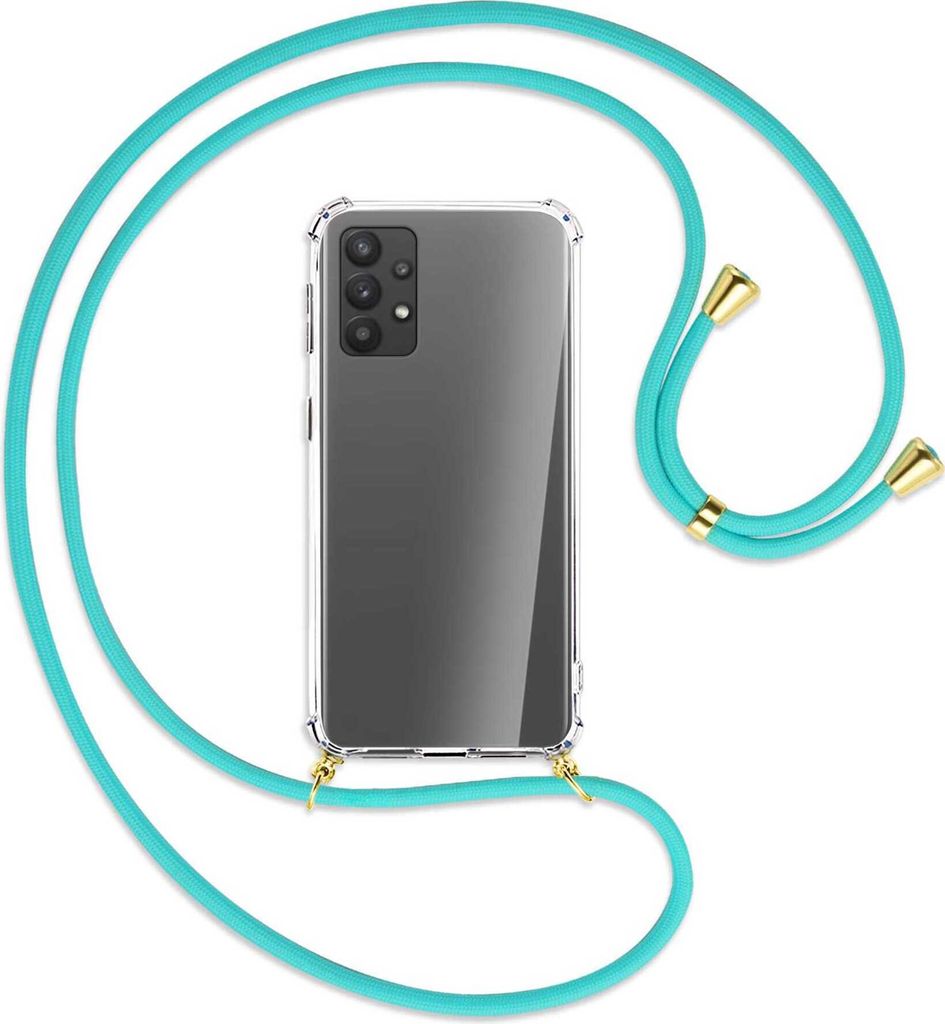 Handykette Backcover-Schutzhülle mit Band (Metall goldfarben) für Samsung Galaxy A32 4G (A325) - türkis