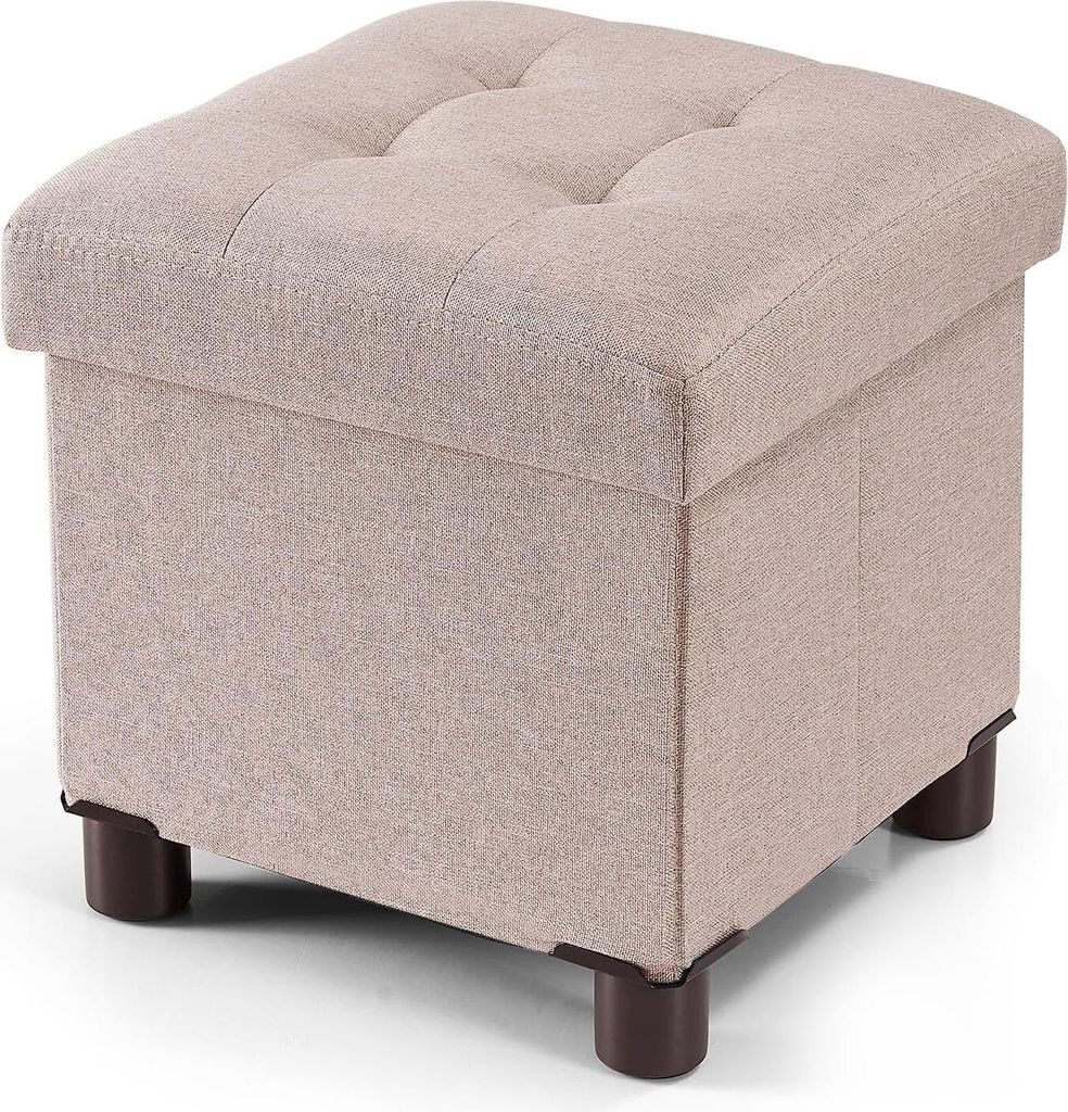 Hocker mit Stauraum, 32 x 32 x 32,5 cm, faltbare Bank, Sitzwürfel, Hocker mit Stauraum und Deckel mit Holzbeinen, Khaki