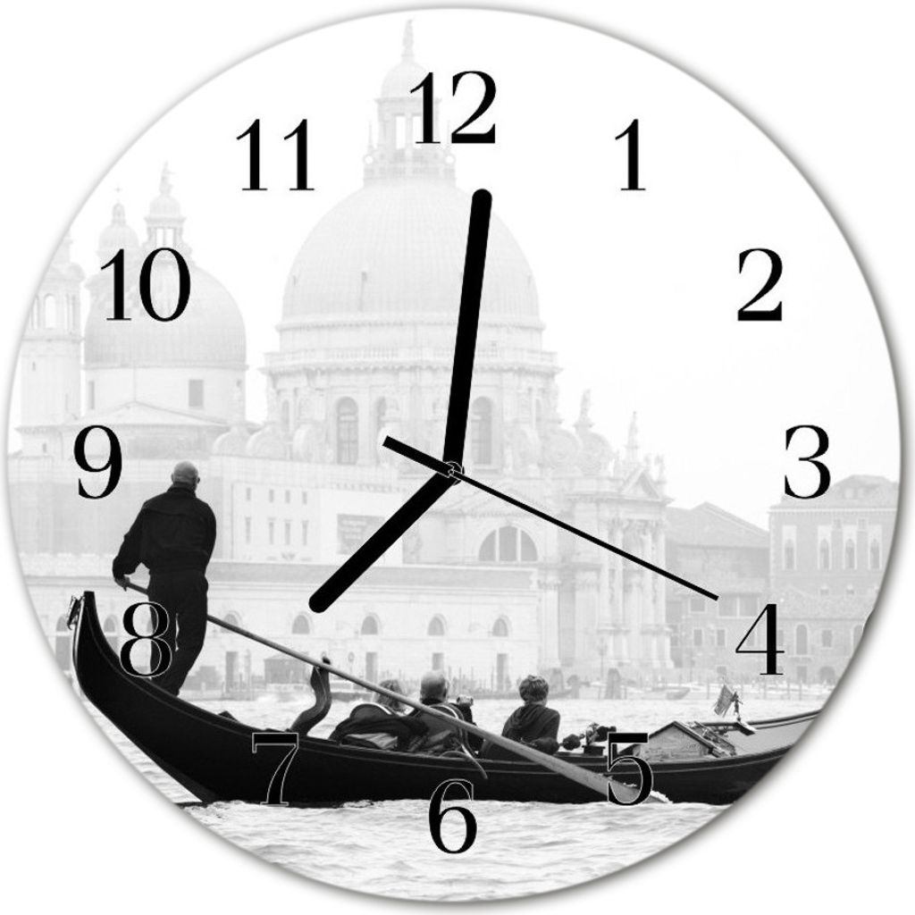 Glasuhr Wanduhr Küchenuhr Echt-Glas 30fi cm Venedig Boot schwarz-weiß