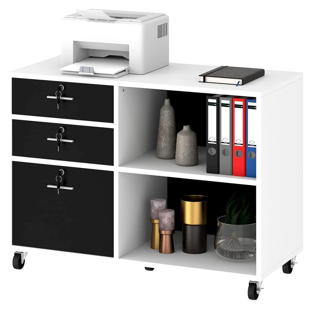 Rollcontainer, Aktenschrank mit 3 Schubladen und 2 Fächern, Mobiler Dokumentenschrank mit Umlenkrolle, Geeignet für Drucker, A4-Dokumente, Schrei...
