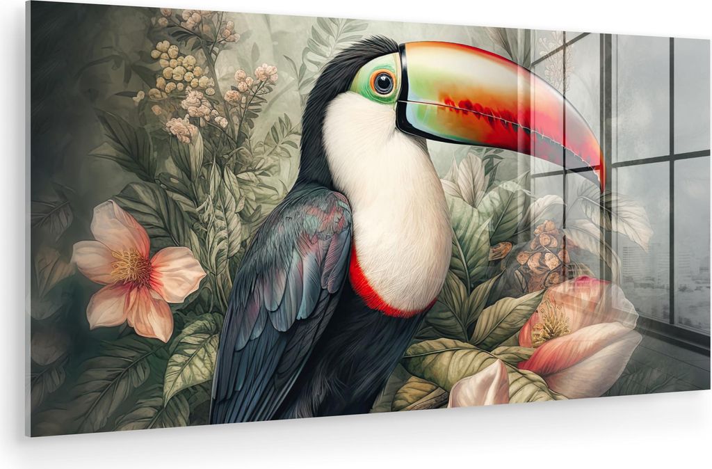 MuchoWow Glasbilder - Bilder auf Wandbild - Foto auf Glas Tukan - Vögel - Blumen - Pflanzen - Tropisch 80x40 cm Wanddekoration aus Glas - Acrylgla...