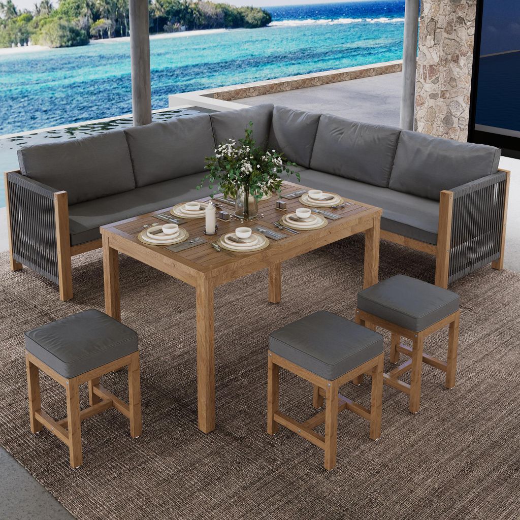 STILVORA Garten-Essgruppe für 7–8 Personen mit Sofa, Tisch und 3 Hockern, Gartenmöbel Set mit wetterbeständigem Akazienholz und Polyrattan, Po...