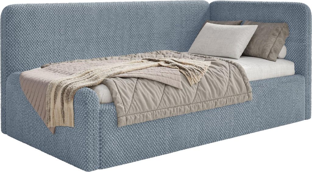 Selsey Fanko – Jugendbett 90x200 cm mit Rausfallschutz, Matratze, Kopfteil rechts, Plüsch, Blau