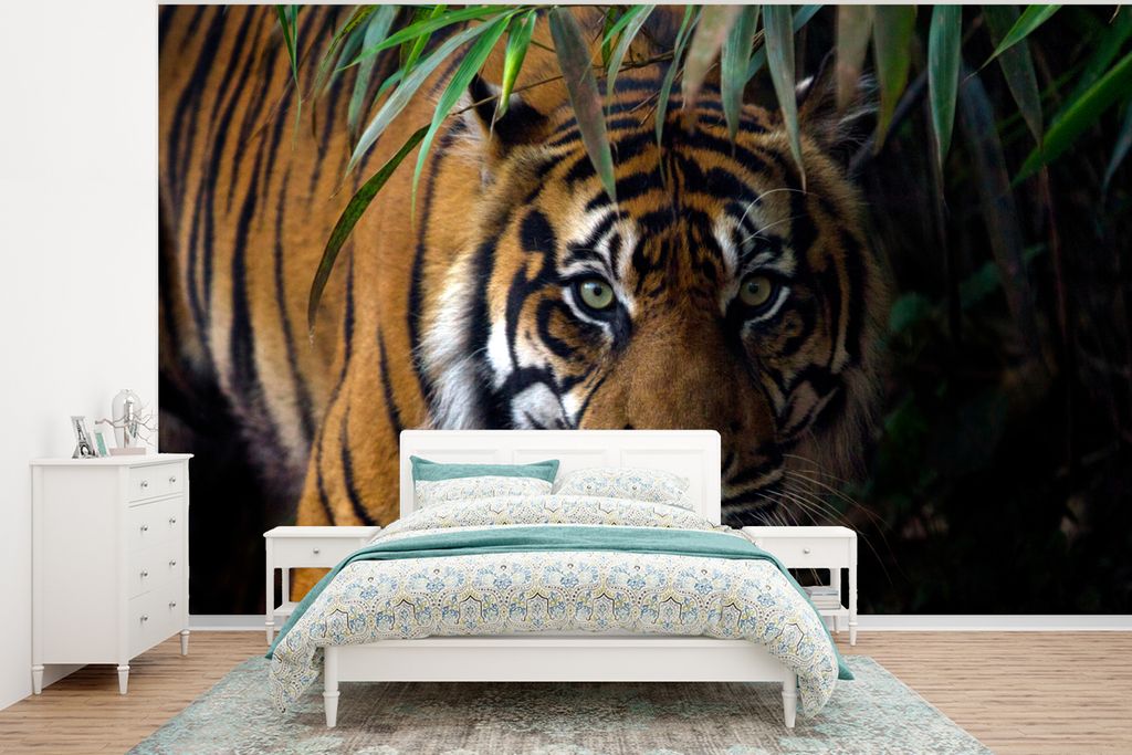 MuchoWow Fototapete für Wohnzimmer oder Schlafzimmer Wandtapete Vinyl Motivtapete Tiger - Blätter - Dschungel - Tiere - Wild - 320x240 cm - Tap...