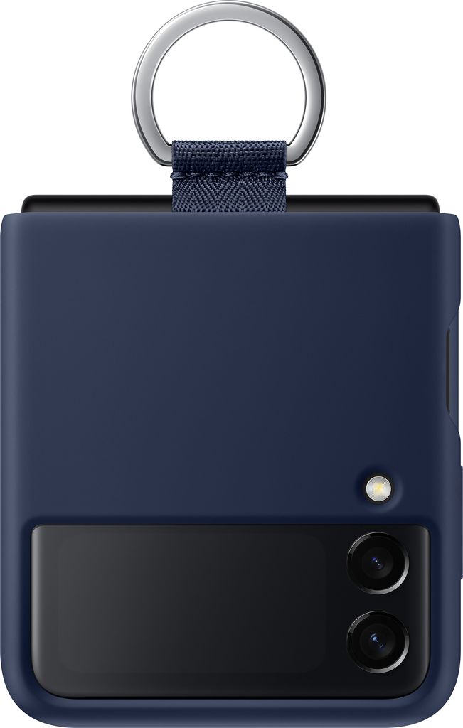 A dark blue Samsung Galaxy Z Flip 3 phone case with a silver ring attached to a fabric loop.