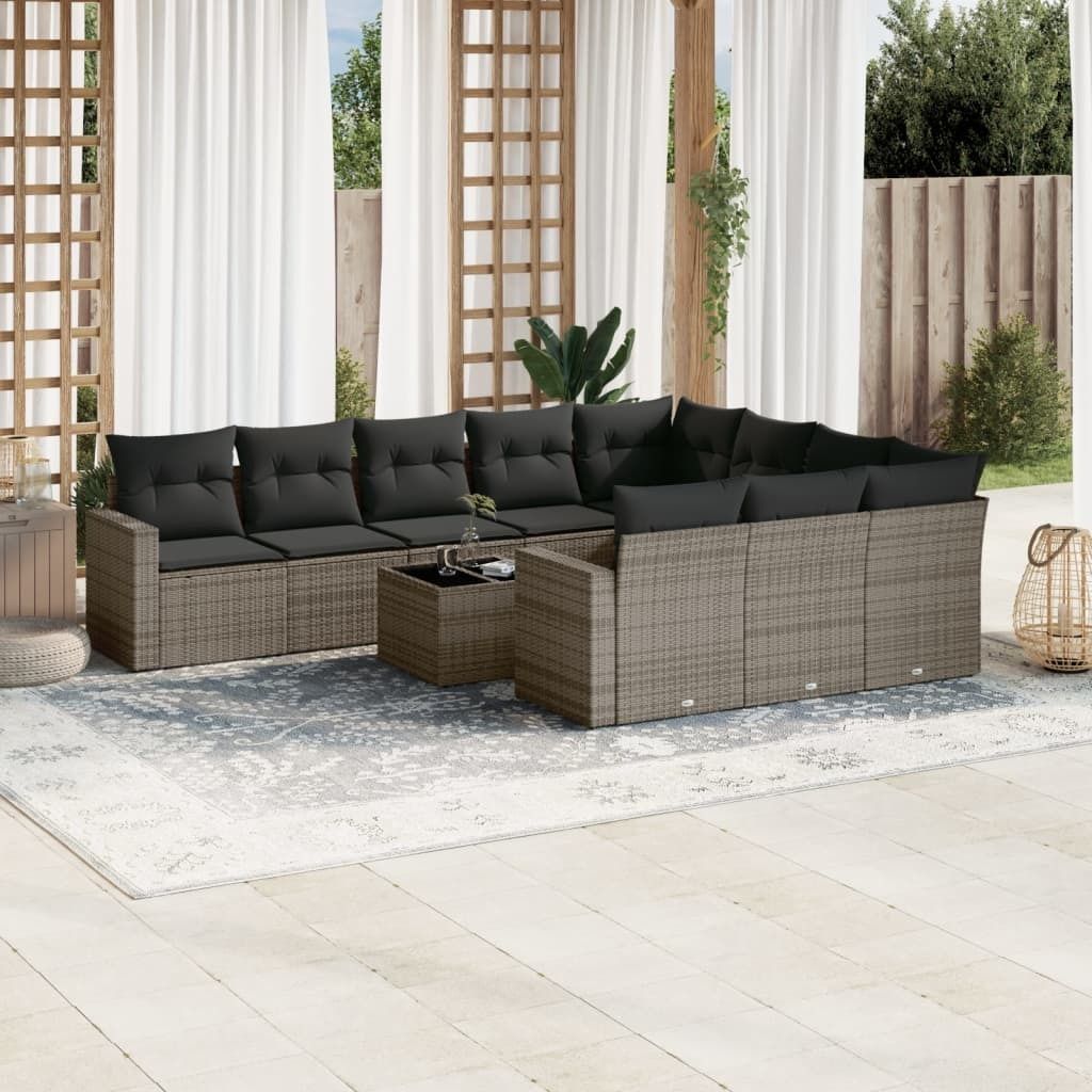 Ankonbej 11-tlg. Garten-Sofagarnitur mit Kissen Grau Poly Rattan