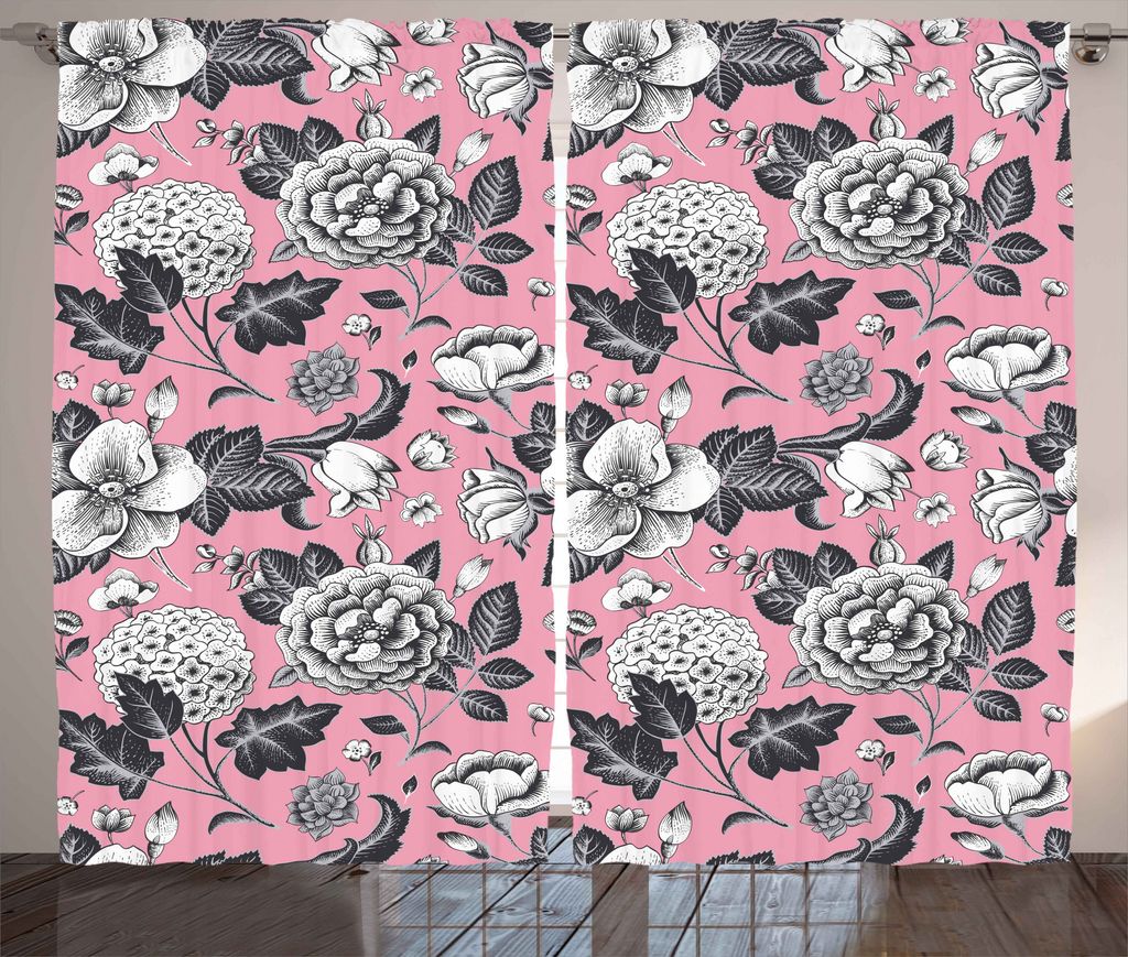 ABAKUHAUS Blumen Rustikaler Vorhang, Vintage Garten-Blumen, Wohnzimmer Universalband Gardinen mit Schlaufen und Haken, 280 x 175 cm, Weiß Schwarz ...