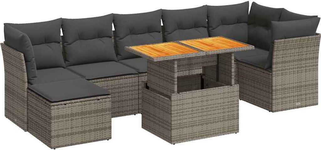 8-tlg. Garten-Sofagarnitur mit Kissen Grau Poly Rattan
