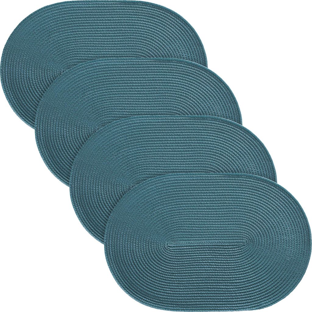Four oval teal placemats are arranged in a staggered formation against a white background.