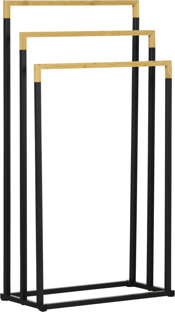 kleankin Handtuchhalter Freistehend, Handtuchständer mit 3 Handtuchstangen Badetuchhalter Badezimmerzubehör Stahl Bambus Schwarz