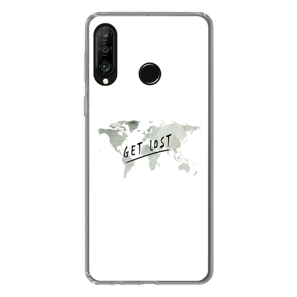 MuchoWow Handyhülle Schutzhülle Hülle für Huawei P30 Lite Weltkarte - Grau - Zitat Silikon Softcase Handy Hülle - Handyhülle