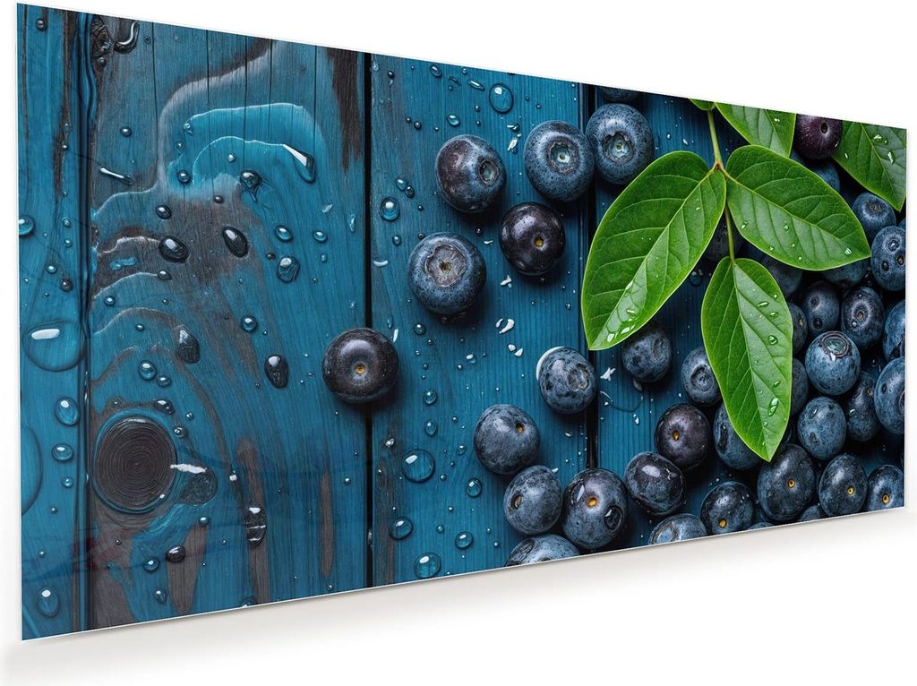 Glasbild 80x40cm in XXL für Wohnzimmer, Schlafzimmer Motiv Blaubeeren auf Holz