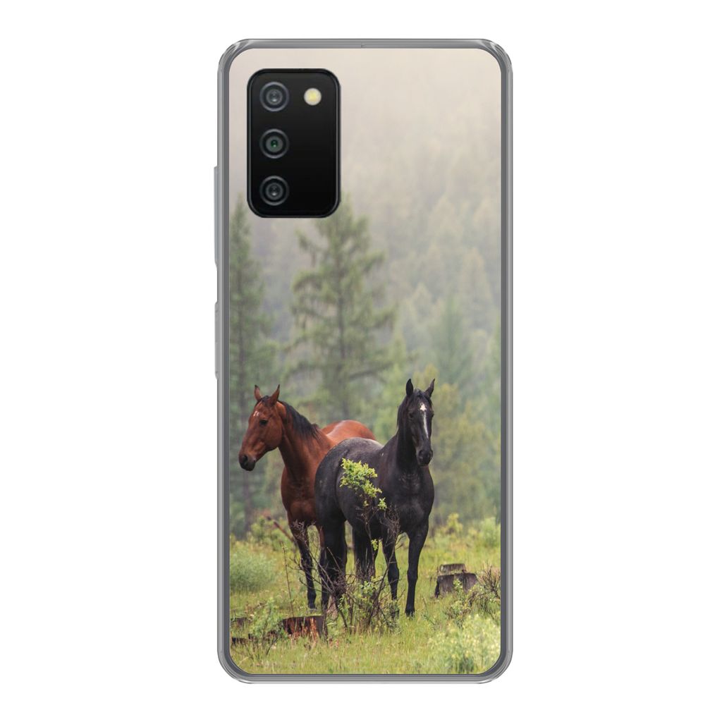 MuchoWow Handyhülle Schutzhülle Hülle für Samsung Galaxy A03s Pferde - Wald - Nebel Silikon Softcase Handy Hülle - Schutz