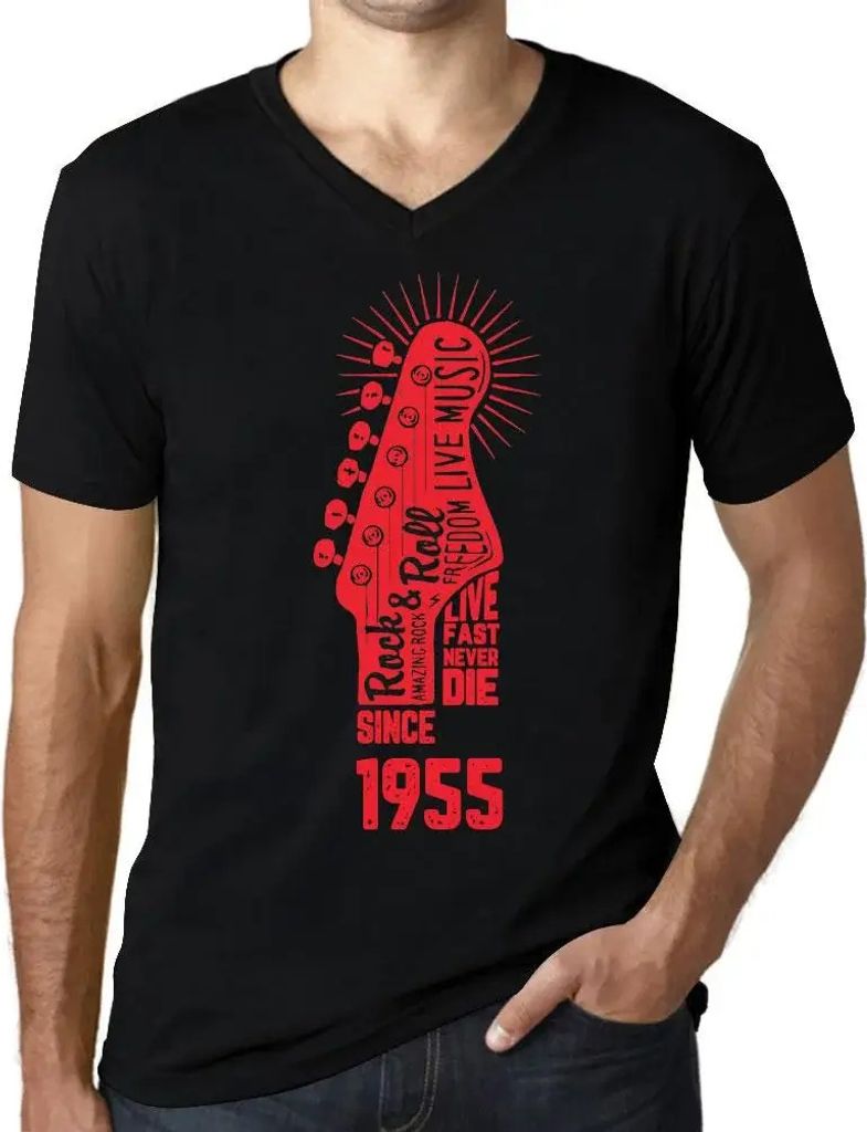 Herren Grafik T-Shirt V-Ausschnitt Lebe schnell stirb nie Gitarre und Rock & Roll seit 1955 – Live Fast, Never Die Guitar and Rock & Roll Since 1955