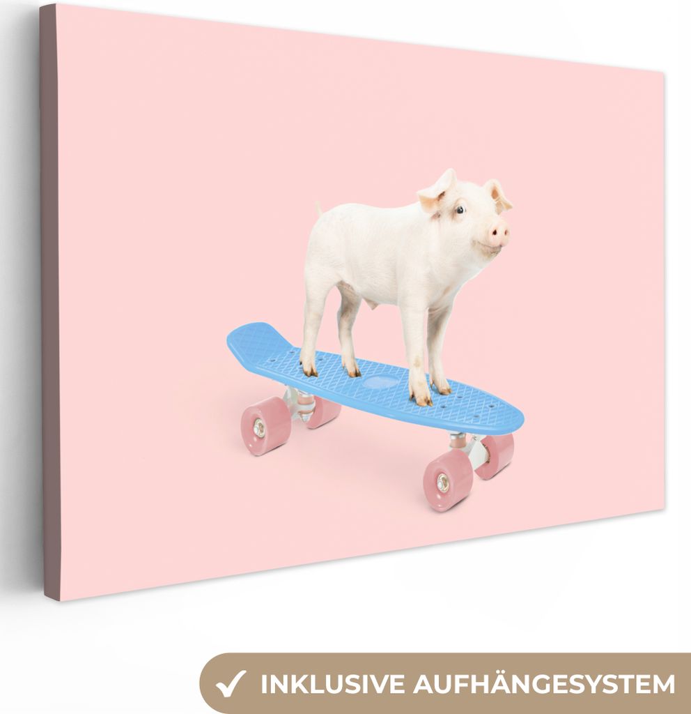 OneMillionCanvasses - Leinwandbilder - 150x100 cm, Schwein - Rosa - Skateboard - Blau - Tiere, Wandbilder Kunstdruck Wanddekoration - Foto auf Le...