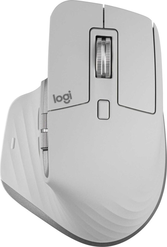 A top-down view of a light gray Logitech MX Master 3S mouse on a white background.