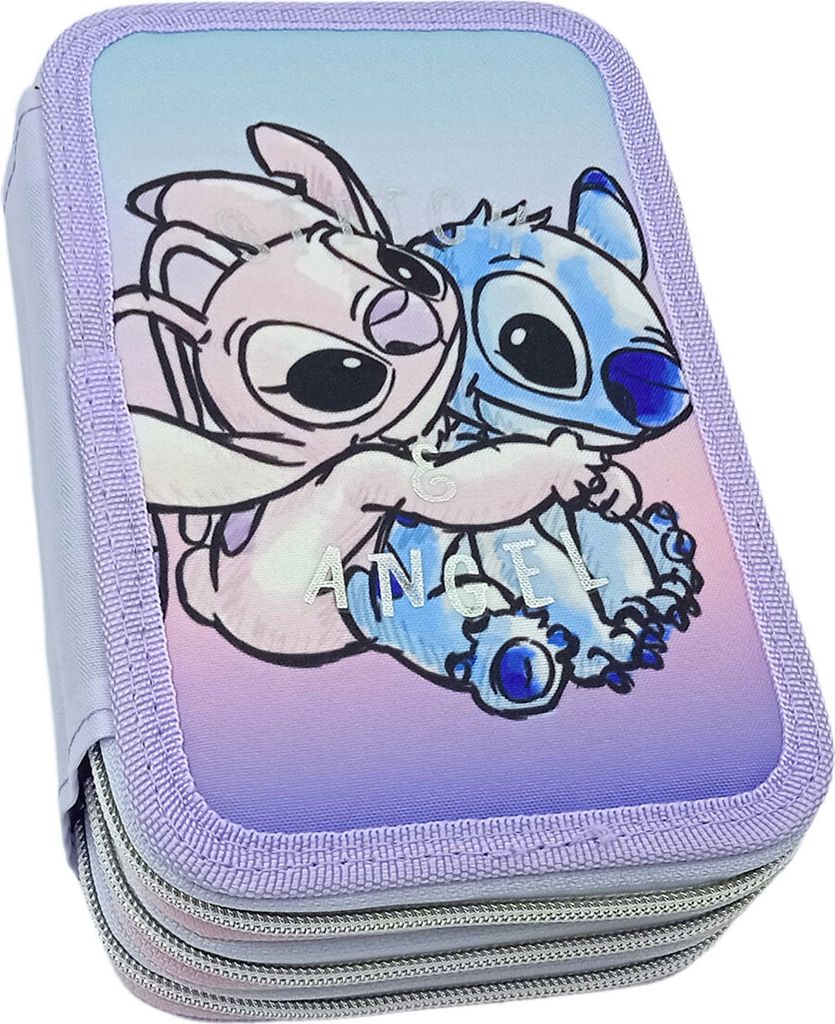 A pencil case with Stitch and Angel characters on it.