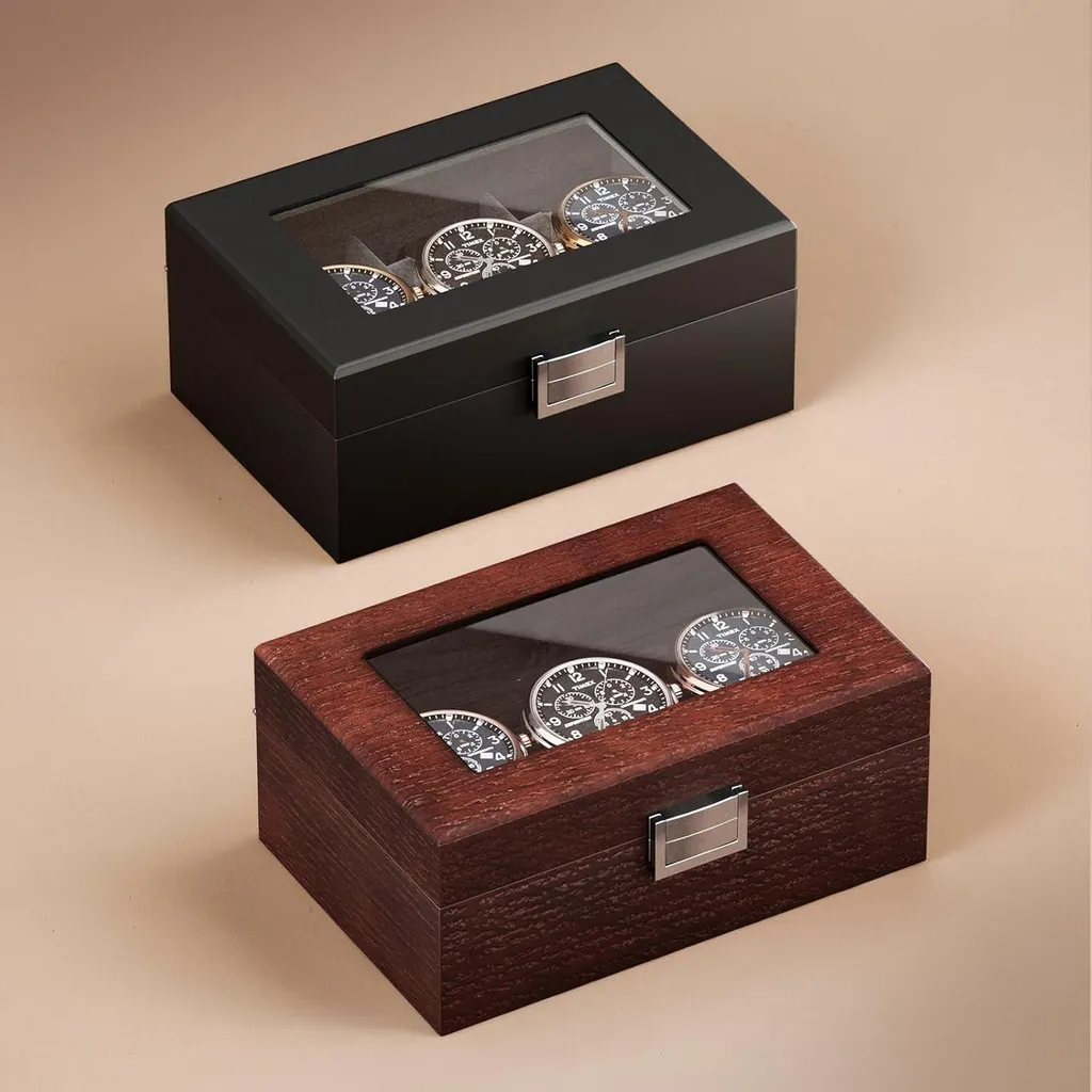 Garde montres en bois avec vitrine transparente et 3 fentes de rangement