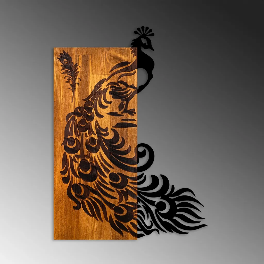 Wallity, Pavone, accessorio decorativo da parete in legno, noce, 100 % LEGNO / METALLO, 47 x 3 x 65 cm - 6