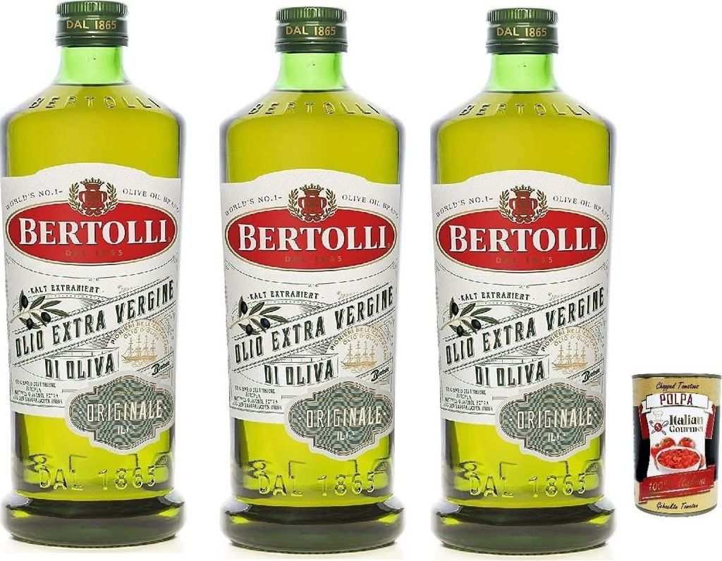 Three bottles of Bertolli olive oil and one can of tomatoes on a white background.