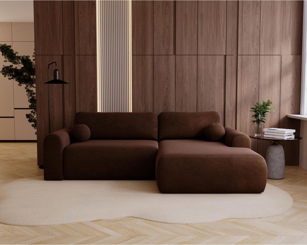 ALBA Ecksofa mit Schlaffunktion - modernes Samt Sofa weich & elegant Couch fürs Wohnzimmer, Farbe: Braun (Vena 13), Seite: rechts