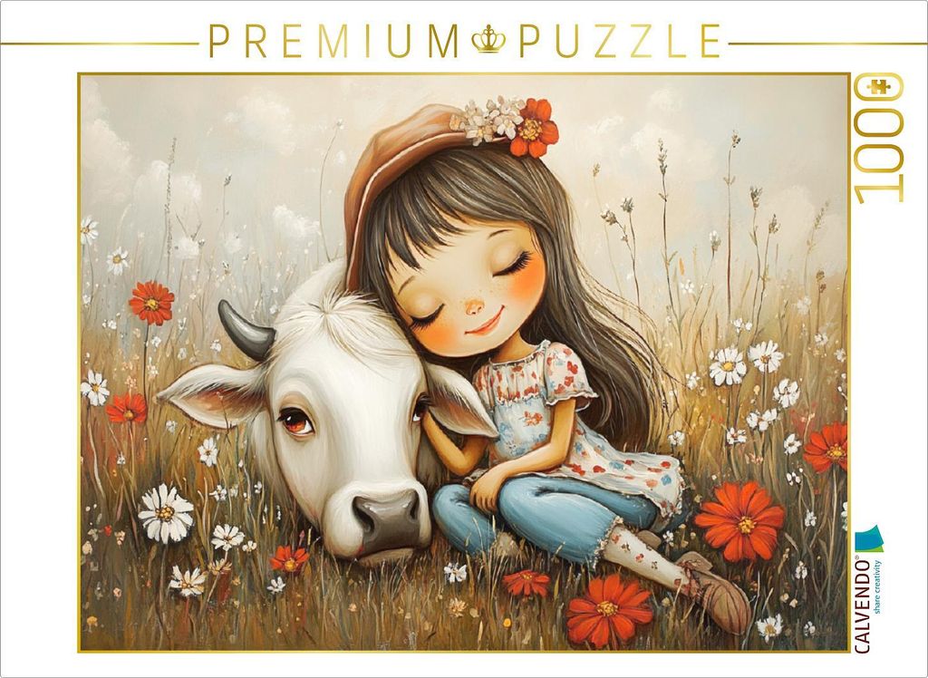 CALVENDO Puzzle Niedliches Mädchen mit Kuh | 1000 Teile Lege-Größe 64x48cm Foto-Puzzle für glückliche Stunden