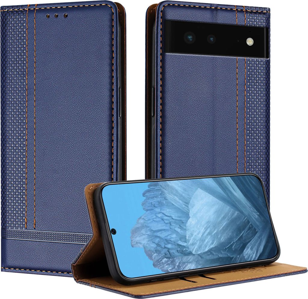 Handyhülle für Google Pixel 6 Leder Flip Klappbare Schutzhülle mit Standfunktion Blau