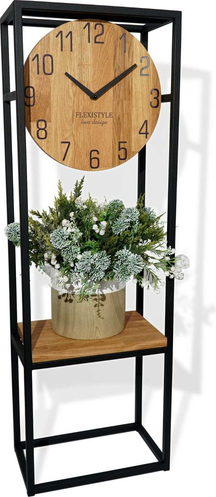FLEXISTYLE Konsolentisch schwarz Metall Holz Eiche Industrial LOFT Design (30x20x100 mit Uhr)