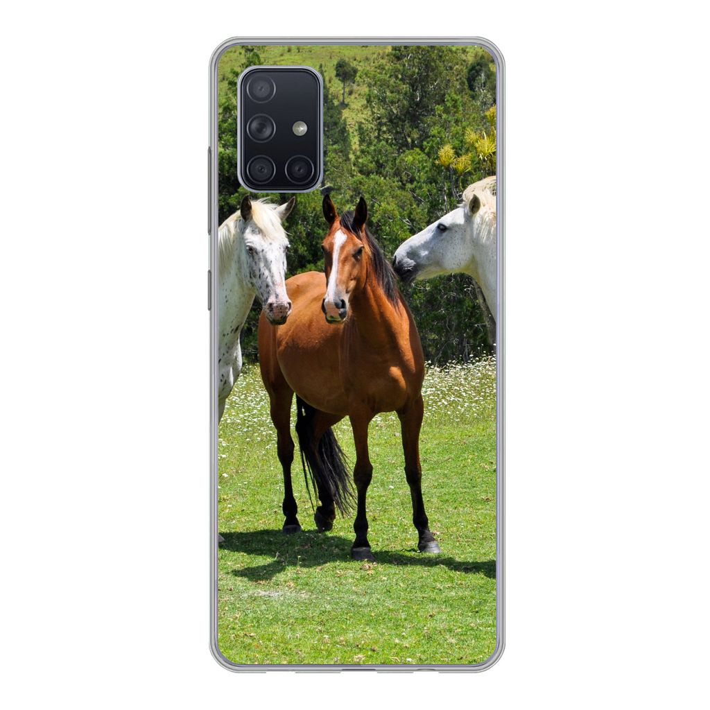 MuchoWow Handyhülle Schutzhülle Hülle für Samsung Galaxy A71 Pferde - Baum - Schatten Silikon Softcase Handy Hülle - Kartenbesitzer