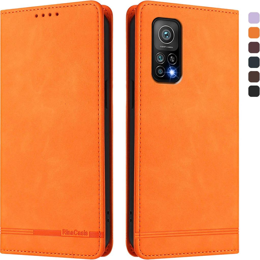 Hülle für Xiaomi Mi 10T / Mi 10T Pro, Retro Kunstleder Ständer Klapphülle mit Kartenfächer und Magnetische Orange