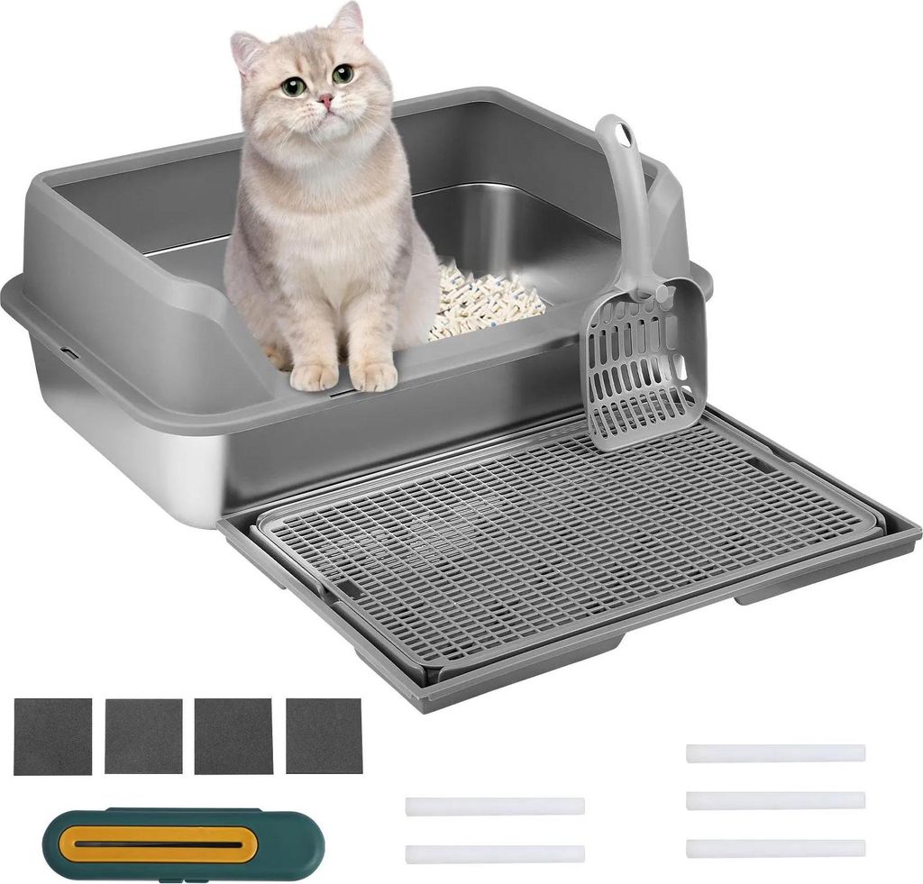 Katzentoilette aus Edelstahl - Katzenklo M - Hoher Rand - Halbgeschlossen - 50×35×23 cm - Spritzschutz-Deckel - Inkl. Matte, Schaufel, Bürste - ...