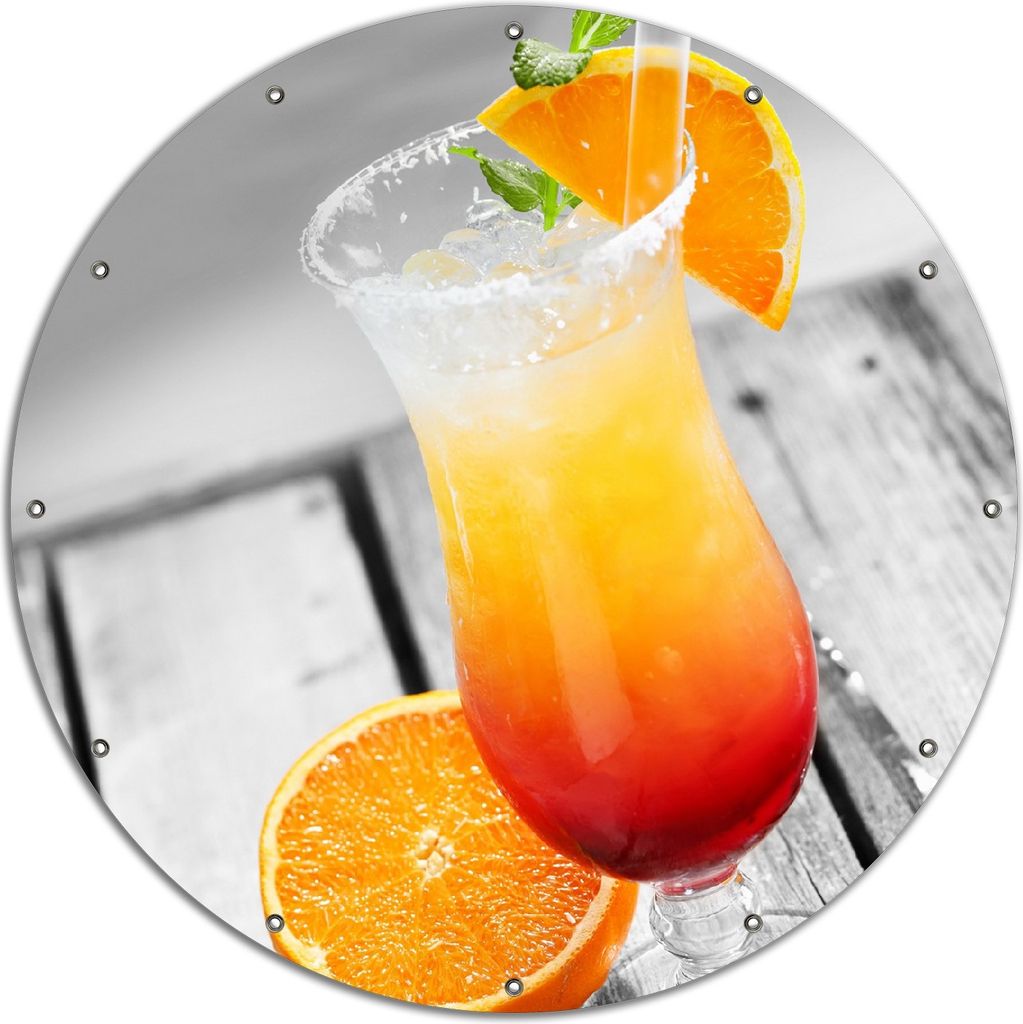 Wallario rundes Outdoor-Poster für Garten oder Balkon, Motiv Bunter Cocktail am Pool mit Hintergrund in schwarz weiß, 120 cm Durchmesser
