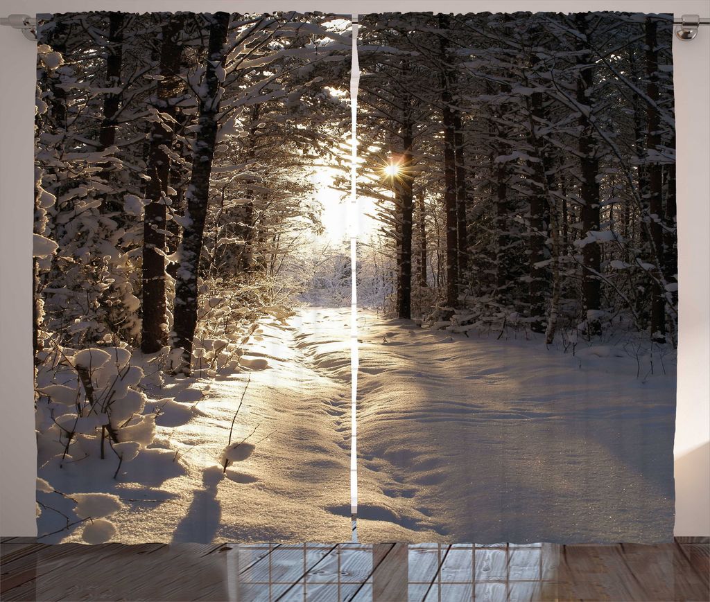 ABAKUHAUS Winter Rustikaler Gardine, Weihnachten Schnee Wald, Schlafzimmer Kräuselband Vorhang mit Schlaufen und Haken, 280 x 175 cm, Hellgelb Braun
