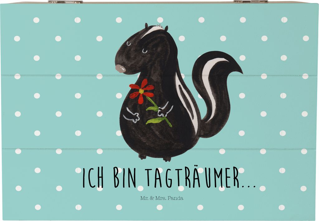 Mr. & Mrs. Panda Holzkiste Stinktier Blume 22 x 15 cm - Türkis Pastell - Geschenk, schatzkiste holz, Wildtier, Box aus, Träume, Kiste, Verträumt...