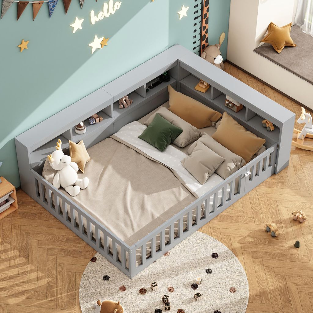 MODFU Kinderbett 140×200 Schlafsofa Doppelbett mit rausfallschutz,Tagesbett mit Matratze,Jugendbett mit Steckdose und usb,Grau
