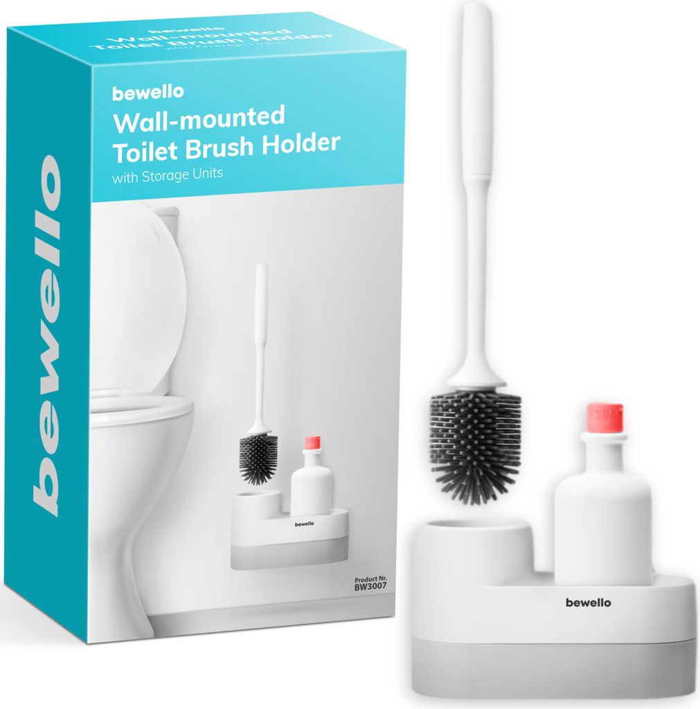 Bewello – Luxus-Toilettenbürste mit Hängehalter – Weiß – mit Platz für Reinigungsmittel – Luxus-Toilettenbürste aus Silikon – leicht...