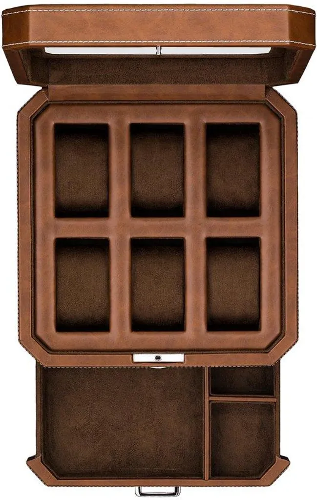 Boîte à montres 6 compartiments en cuir marron et intérieur microsuède