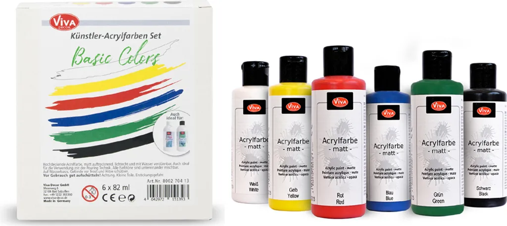 Peinture acrylique ViVA DECOR Basic Colors haute pigmentation lot de 6 tubes