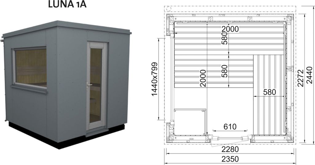 Infraworld Luna 1 Außensauna mit HPL-Platten Anthrazit versch. Fenstergrößen und Inneneinrichtung Luna 1A - Großes Fenster (BxH): 1440 x 799 mm