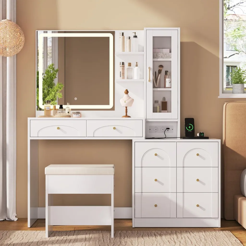 Grande Coiffeuse de Chambre avec Nombreux Rangements et Tabouret Chic