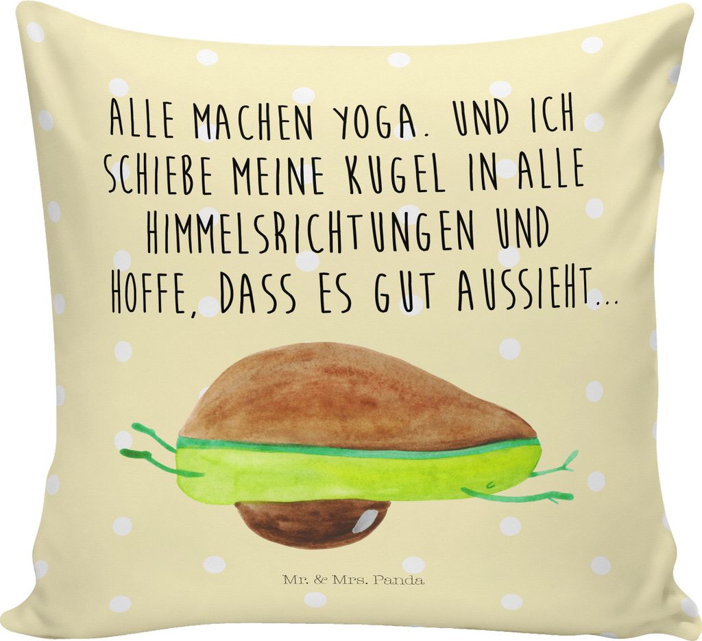 Mr. & Mrs. Panda kissen bedruckt Avocado Yoga - Gelb Pastell - Geschenk, Humor, Unsportlich, Hilfe, Sofakissen, Sofa, Haha, Dekokissen, 40x40, Bauc...