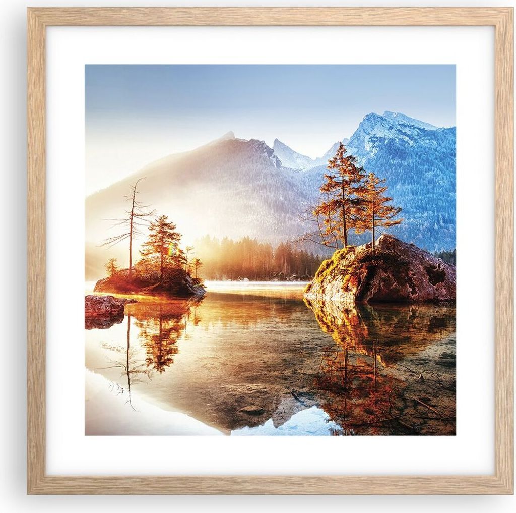 Gerahmtes Poster - Rahmen in heller Eiche - Morgendämmerung Berge See - 40x40 cm - Wand Bild - Wanddeko - Wandbilder - Kunstposter - Wandposter - ...