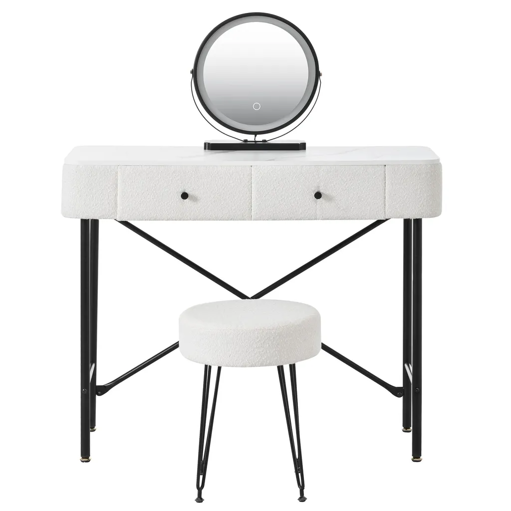 Coiffeuse avec Miroir LED Tactile, 2 Tiroirs et Finition Marbre Blanc - 10