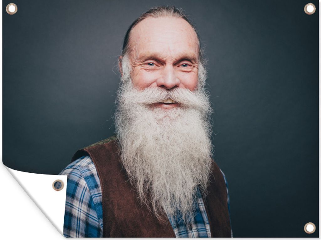 MuchoWow 80x60 cm Outdoor-Poster Gartendeko Sichtschutz Garten Poster für den Garten Ein lächelnder alter Mann mit Schnurrbart und Bart